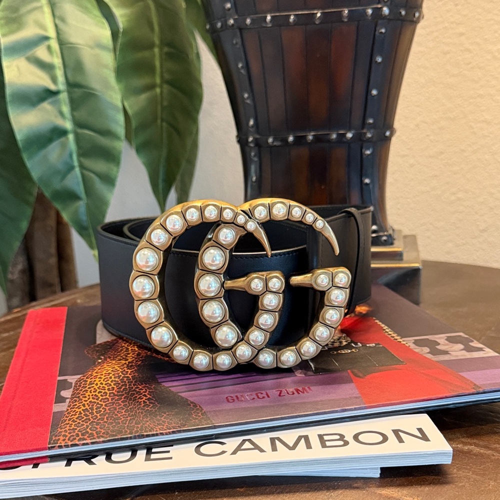 GUCCI Black Elegant Wide Leather Belt with Gold Double G Pearl Buckle 90 / 36 - Picture 2 of 7
